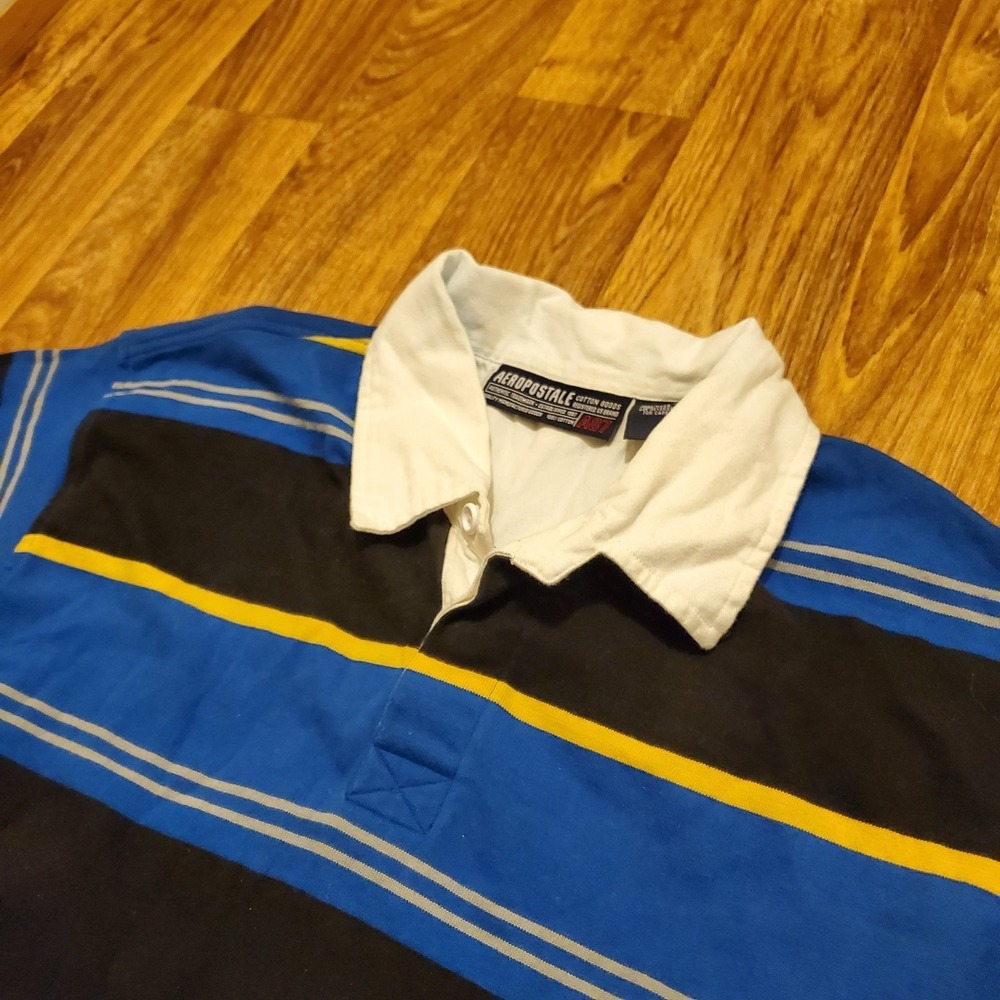 Vintage Y2k Aeropostale Rugby Polo Shirt Men‎ XL Blue Black Striped Long Sleeve